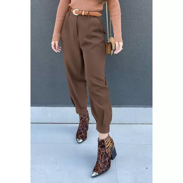 imagePRETTYGARDEN Womens Summer High Waisted Pants Casual Ankle Length Work Office Trouser Slacks with PocketsCoffee