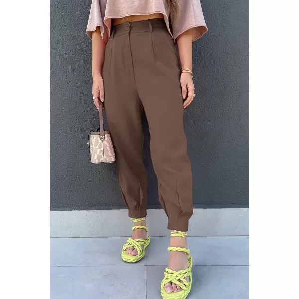 imagePRETTYGARDEN Womens Summer High Waisted Pants Casual Ankle Length Work Office Trouser Slacks with PocketsCoffee
