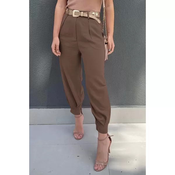 imagePRETTYGARDEN Womens Summer High Waisted Pants Casual Ankle Length Work Office Trouser Slacks with PocketsCoffee