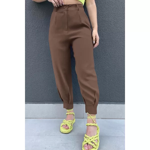 imagePRETTYGARDEN Womens Summer High Waisted Pants Casual Ankle Length Work Office Trouser Slacks with PocketsCoffee