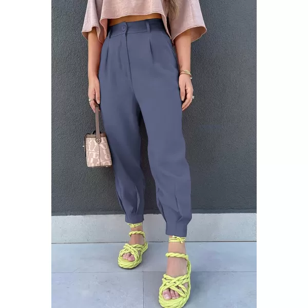 imagePRETTYGARDEN Womens Summer High Waisted Pants Casual Ankle Length Work Office Trouser Slacks with PocketsGrey Blue