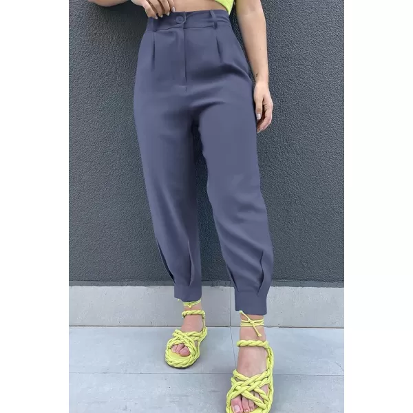 imagePRETTYGARDEN Womens Summer High Waisted Pants Casual Ankle Length Work Office Trouser Slacks with PocketsGrey Blue
