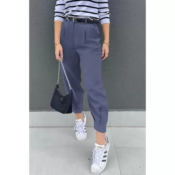 imagePRETTYGARDEN Womens Summer High Waisted Pants Casual Ankle Length Work Office Trouser Slacks with PocketsGrey Blue