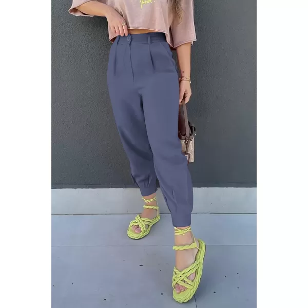 imagePRETTYGARDEN Womens Summer High Waisted Pants Casual Ankle Length Work Office Trouser Slacks with PocketsGrey Blue