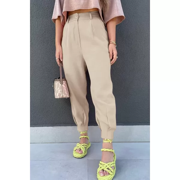 imagePRETTYGARDEN Womens Summer High Waisted Pants Casual Ankle Length Work Office Trouser Slacks with PocketsLight Khaki