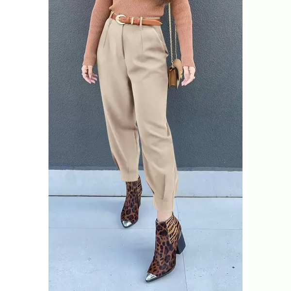imagePRETTYGARDEN Womens Summer High Waisted Pants Casual Ankle Length Work Office Trouser Slacks with PocketsLight Khaki