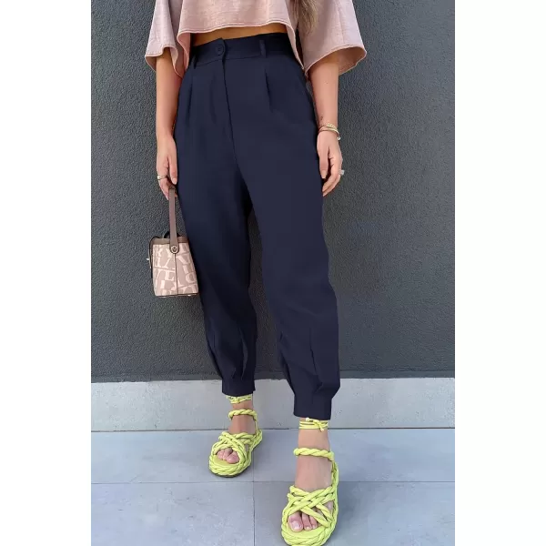 imagePRETTYGARDEN Womens Summer High Waisted Pants Casual Ankle Length Work Office Trouser Slacks with PocketsNavy
