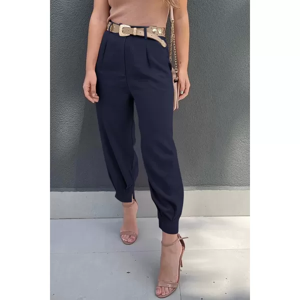 imagePRETTYGARDEN Womens Summer High Waisted Pants Casual Ankle Length Work Office Trouser Slacks with PocketsNavy