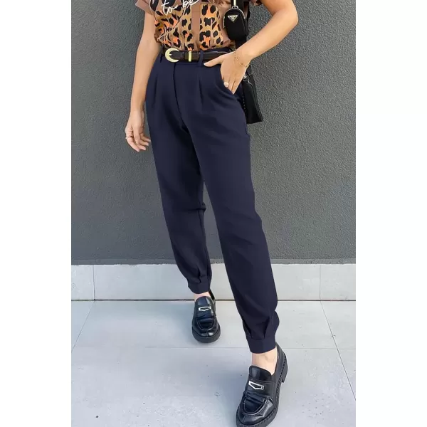 imagePRETTYGARDEN Womens Summer High Waisted Pants Casual Ankle Length Work Office Trouser Slacks with PocketsNavy