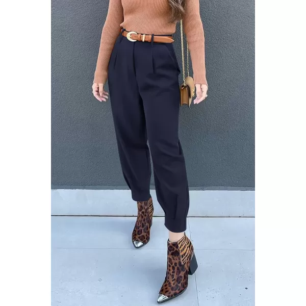 imagePRETTYGARDEN Womens Summer High Waisted Pants Casual Ankle Length Work Office Trouser Slacks with PocketsNavy