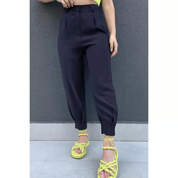 imagePRETTYGARDEN Womens Summer High Waisted Pants Casual Ankle Length Work Office Trouser Slacks with PocketsNavy