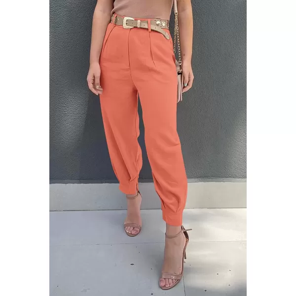 imagePRETTYGARDEN Womens Summer High Waisted Pants Casual Ankle Length Work Office Trouser Slacks with PocketsOrange Pink