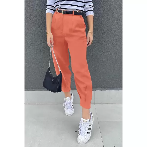 imagePRETTYGARDEN Womens Summer High Waisted Pants Casual Ankle Length Work Office Trouser Slacks with PocketsOrange Pink