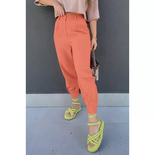 imagePRETTYGARDEN Womens Summer High Waisted Pants Casual Ankle Length Work Office Trouser Slacks with PocketsOrange Pink