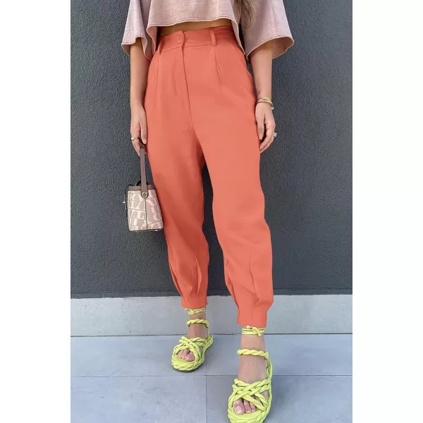 imagePRETTYGARDEN Womens Summer High Waisted Pants Casual Ankle Length Work Office Trouser Slacks with PocketsOrange Pink