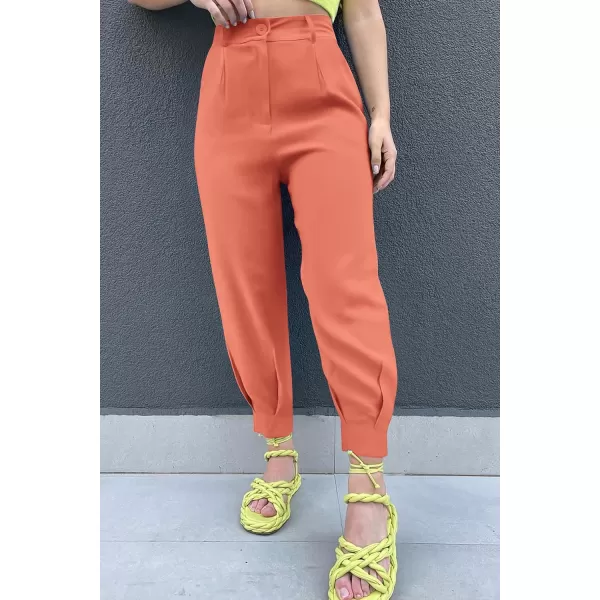 imagePRETTYGARDEN Womens Summer High Waisted Pants Casual Ankle Length Work Office Trouser Slacks with PocketsOrange Pink