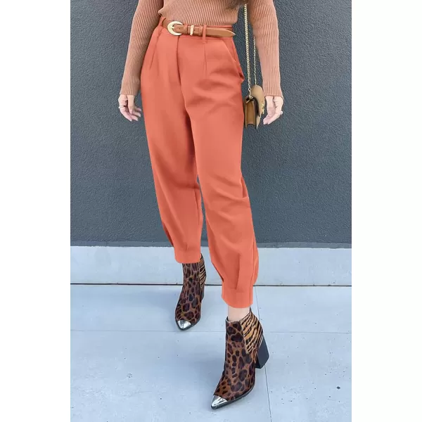 imagePRETTYGARDEN Womens Summer High Waisted Pants Casual Ankle Length Work Office Trouser Slacks with PocketsOrange Pink