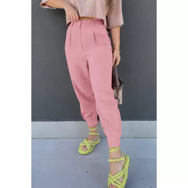 imagePRETTYGARDEN Womens Summer High Waisted Pants Casual Ankle Length Work Office Trouser Slacks with PocketsPink