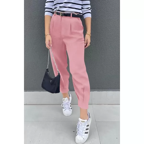 imagePRETTYGARDEN Womens Summer High Waisted Pants Casual Ankle Length Work Office Trouser Slacks with PocketsPink