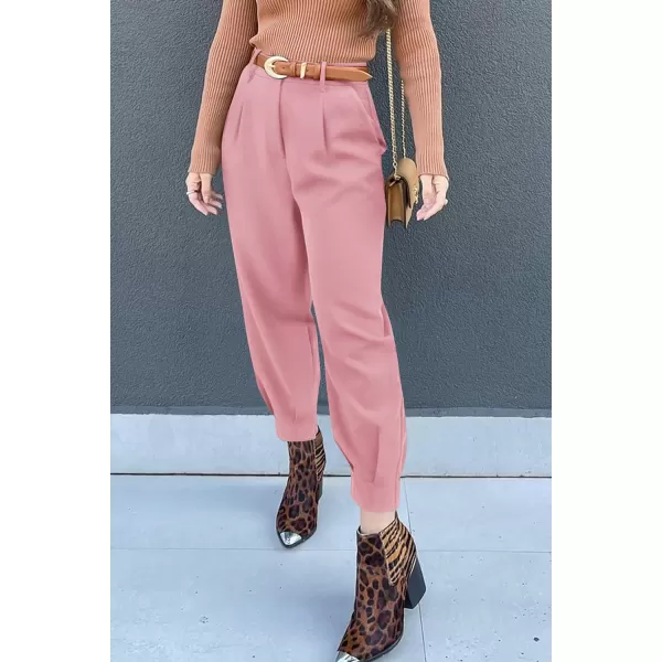 imagePRETTYGARDEN Womens Summer High Waisted Pants Casual Ankle Length Work Office Trouser Slacks with PocketsPink