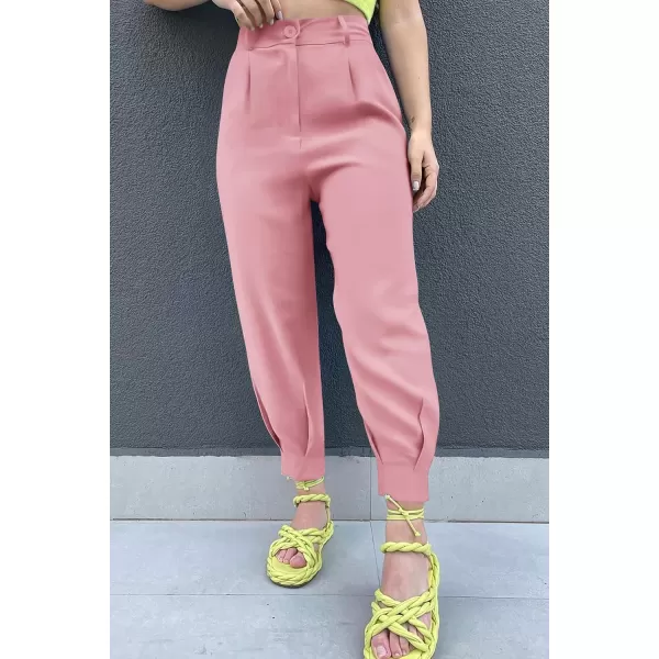 imagePRETTYGARDEN Womens Summer High Waisted Pants Casual Ankle Length Work Office Trouser Slacks with PocketsPink