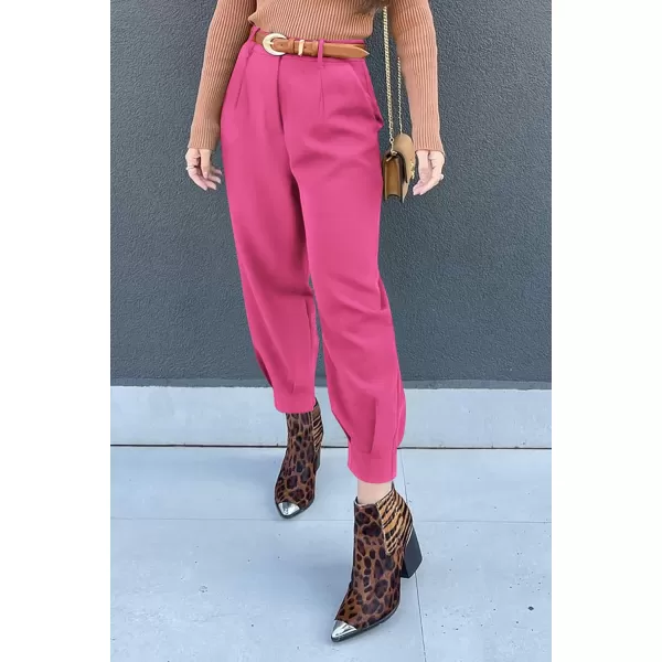 imagePRETTYGARDEN Womens Summer High Waisted Pants Casual Ankle Length Work Office Trouser Slacks with PocketsRose Red