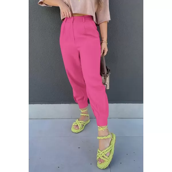 imagePRETTYGARDEN Womens Summer High Waisted Pants Casual Ankle Length Work Office Trouser Slacks with PocketsRose Red