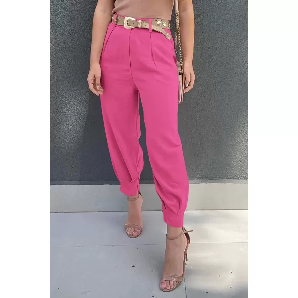 imagePRETTYGARDEN Womens Summer High Waisted Pants Casual Ankle Length Work Office Trouser Slacks with PocketsRose Red
