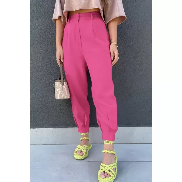 imagePRETTYGARDEN Womens Summer High Waisted Pants Casual Ankle Length Work Office Trouser Slacks with PocketsRose Red