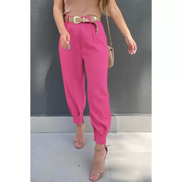 imagePRETTYGARDEN Womens Summer High Waisted Pants Casual Ankle Length Work Office Trouser Slacks with PocketsRose Red