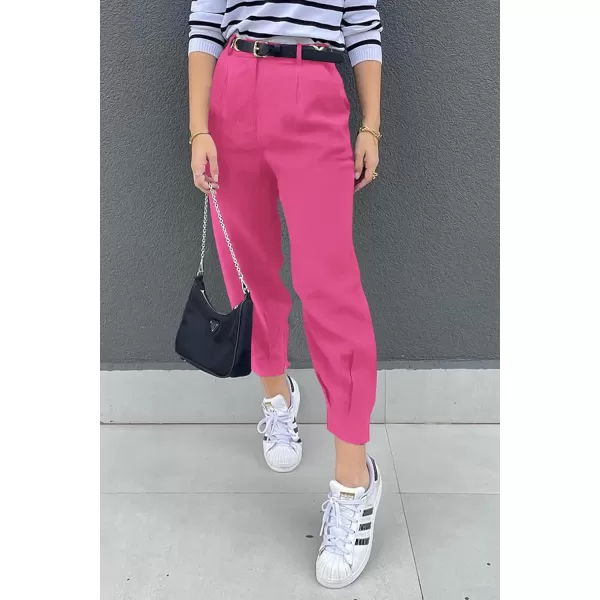 imagePRETTYGARDEN Womens Summer High Waisted Pants Casual Ankle Length Work Office Trouser Slacks with PocketsRose Red