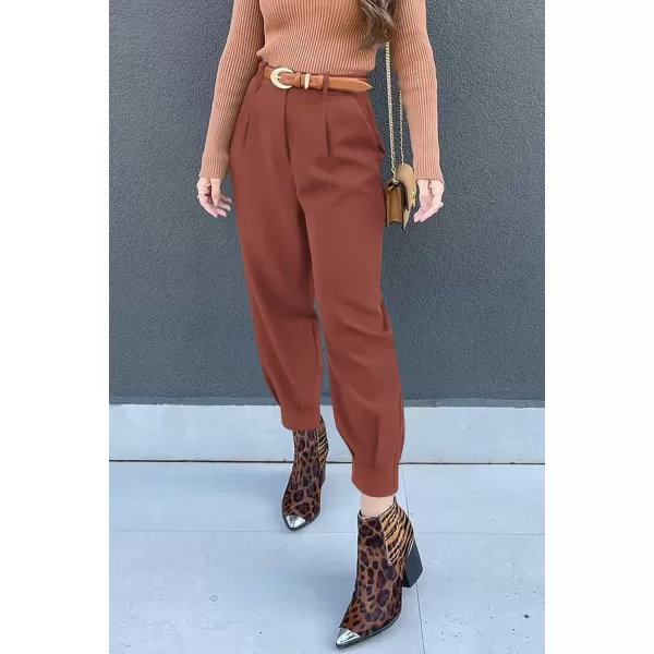 imagePRETTYGARDEN Womens Summer High Waisted Pants Casual Ankle Length Work Office Trouser Slacks with PocketsRust Red