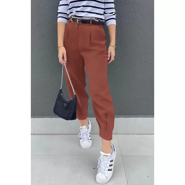 imagePRETTYGARDEN Womens Summer High Waisted Pants Casual Ankle Length Work Office Trouser Slacks with PocketsRust Red