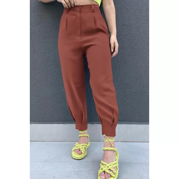 imagePRETTYGARDEN Womens Summer High Waisted Pants Casual Ankle Length Work Office Trouser Slacks with PocketsRust Red