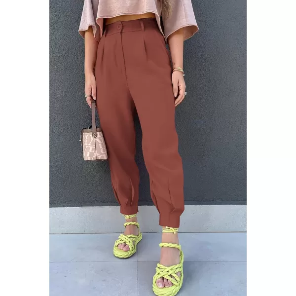 imagePRETTYGARDEN Womens Summer High Waisted Pants Casual Ankle Length Work Office Trouser Slacks with PocketsRust Red