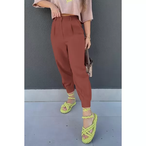 imagePRETTYGARDEN Womens Summer High Waisted Pants Casual Ankle Length Work Office Trouser Slacks with PocketsRust Red
