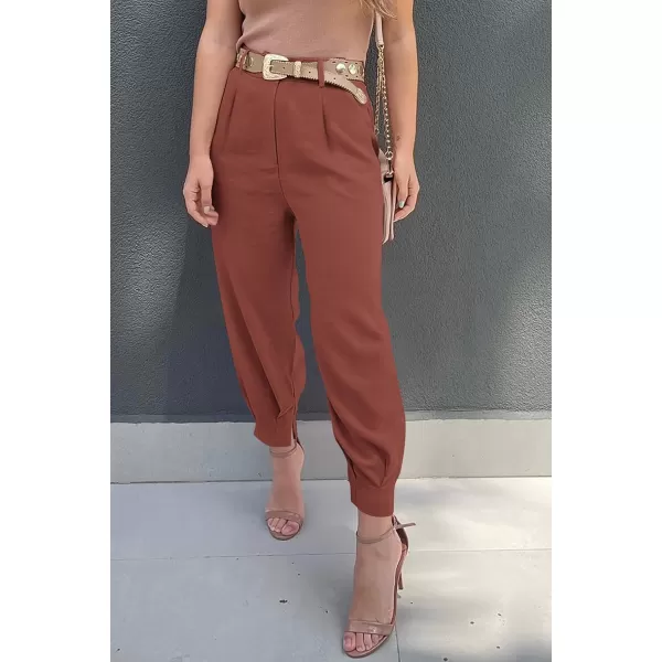imagePRETTYGARDEN Womens Summer High Waisted Pants Casual Ankle Length Work Office Trouser Slacks with PocketsRust Red