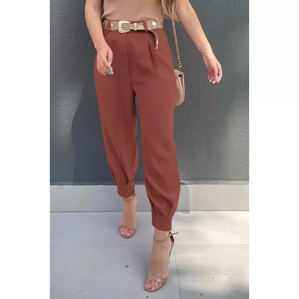 imagePRETTYGARDEN Womens Summer High Waisted Pants Casual Ankle Length Work Office Trouser Slacks with PocketsRust Red