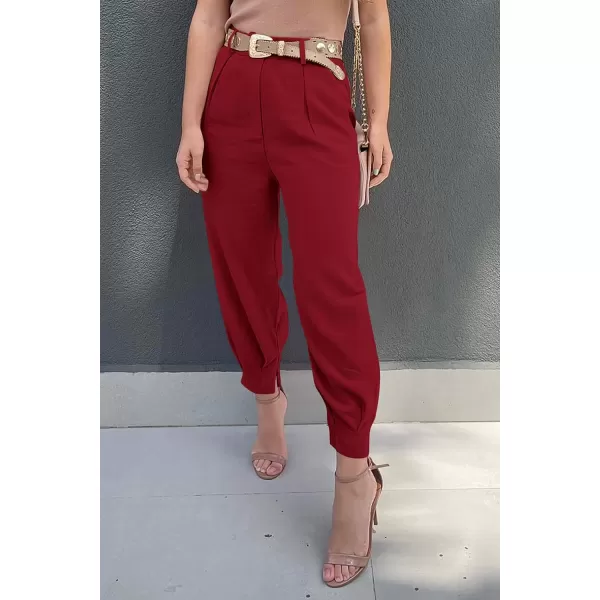 imagePRETTYGARDEN Womens Summer High Waisted Pants Casual Ankle Length Work Office Trouser Slacks with PocketsWine Red