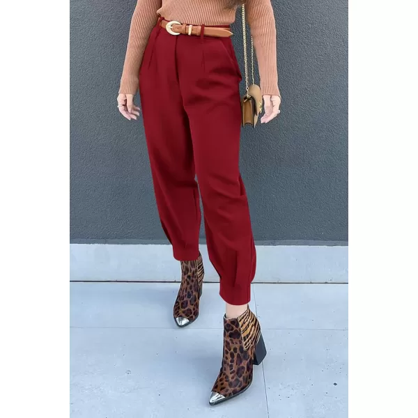 imagePRETTYGARDEN Womens Summer High Waisted Pants Casual Ankle Length Work Office Trouser Slacks with PocketsWine Red