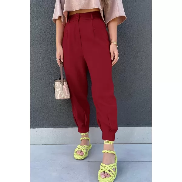 imagePRETTYGARDEN Womens Summer High Waisted Pants Casual Ankle Length Work Office Trouser Slacks with PocketsWine Red