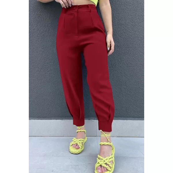 imagePRETTYGARDEN Womens Summer High Waisted Pants Casual Ankle Length Work Office Trouser Slacks with PocketsWine Red