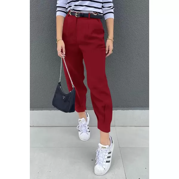 imagePRETTYGARDEN Womens Summer High Waisted Pants Casual Ankle Length Work Office Trouser Slacks with PocketsWine Red