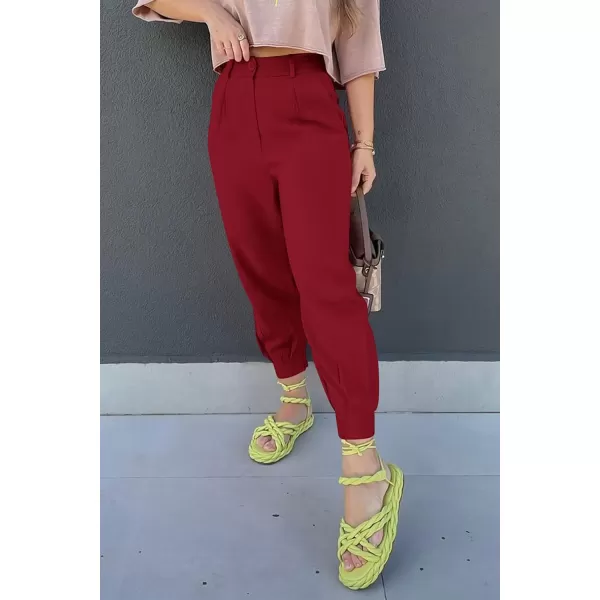 imagePRETTYGARDEN Womens Summer High Waisted Pants Casual Ankle Length Work Office Trouser Slacks with PocketsWine Red