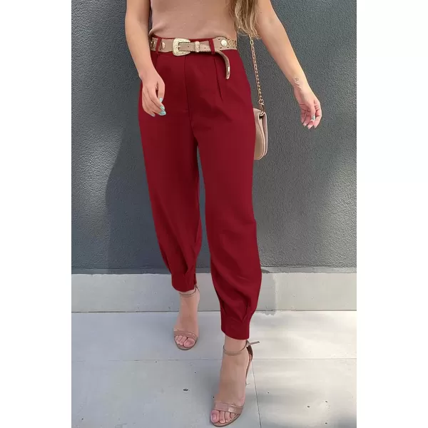 imagePRETTYGARDEN Womens Summer High Waisted Pants Casual Ankle Length Work Office Trouser Slacks with PocketsWine Red