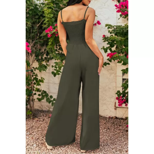 imagePRETTYGARDEN Womens Summer Jumpsuits Dressy Casual One Piece Outfits Linen Smocked Spaghetti Strap Pockets Wide Leg RompersArmy Green