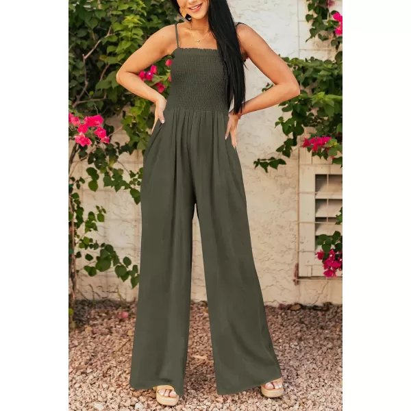 imagePRETTYGARDEN Womens Summer Jumpsuits Dressy Casual One Piece Outfits Linen Smocked Spaghetti Strap Pockets Wide Leg RompersArmy Green