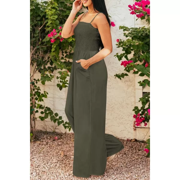 imagePRETTYGARDEN Womens Summer Jumpsuits Dressy Casual One Piece Outfits Linen Smocked Spaghetti Strap Pockets Wide Leg RompersArmy Green