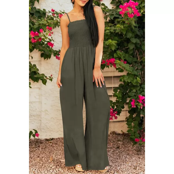 imagePRETTYGARDEN Womens Summer Jumpsuits Dressy Casual One Piece Outfits Linen Smocked Spaghetti Strap Pockets Wide Leg RompersArmy Green