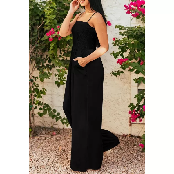 imagePRETTYGARDEN Womens Summer Jumpsuits Dressy Casual One Piece Outfits Linen Smocked Spaghetti Strap Pockets Wide Leg RompersBlack